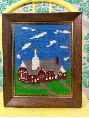 Vintage Embroidered Church Picture, Crewel Church Scene